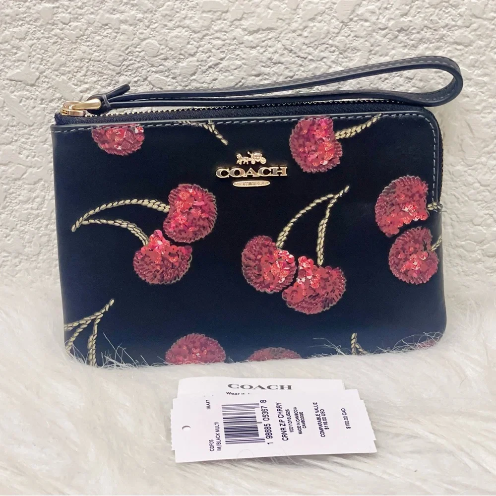 COACH Corner Zip Wristlet With Cherry Print Smooth Leather Black Multi - CDF05
